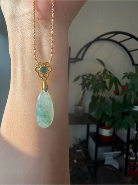 Natural Burmese Type A Jadeite Jade High-Icy Floating Flower Teardrop Pendant